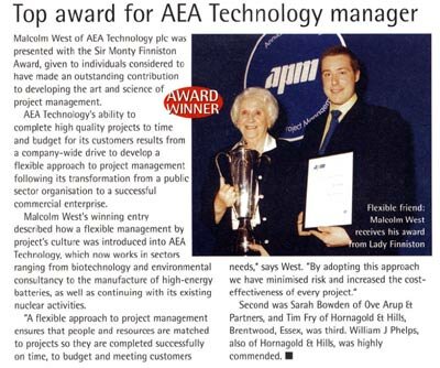 Sir Monty Finniston Award winner 1999 - Malcolm West